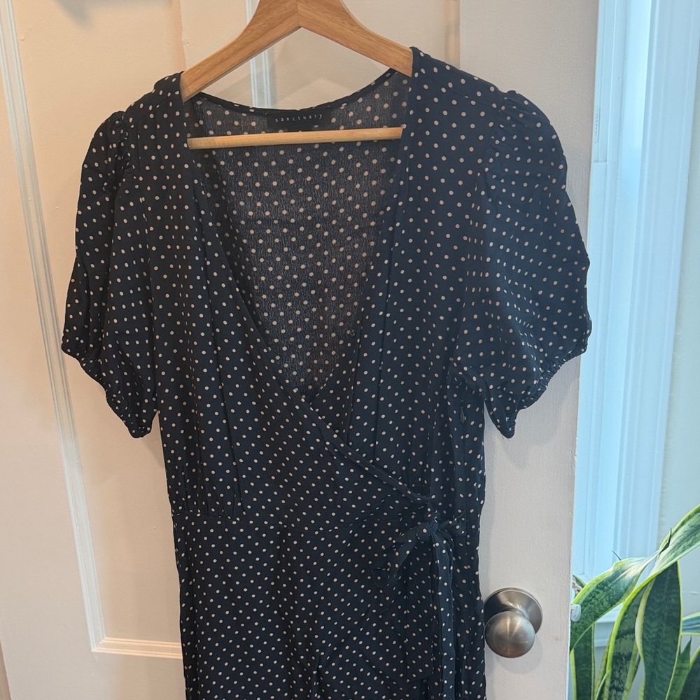 Sanctuary Navy Midi Wrap Dress with White Polka Dots